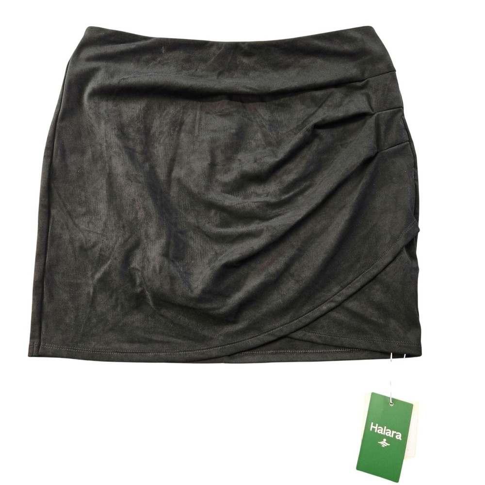 Halara Skirt Womens L Black Wrap Short Suede Pleated Layered Elastic Waist‎